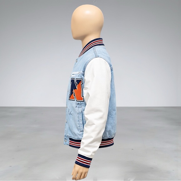 Fashion Nova Men’s Light Blue & White Graffiti Denim Varsity Jacket - Picture 11 of 13